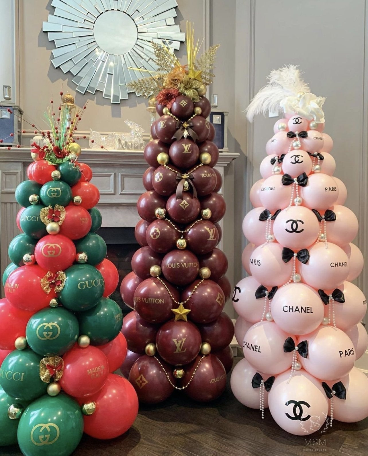 A LV Louis Vuitton branded christmas tree with the LV